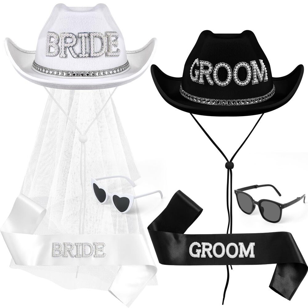 9346 6 Pack Bride Cowgirl Hat With Veil Groom Cowboy Bachelor Party